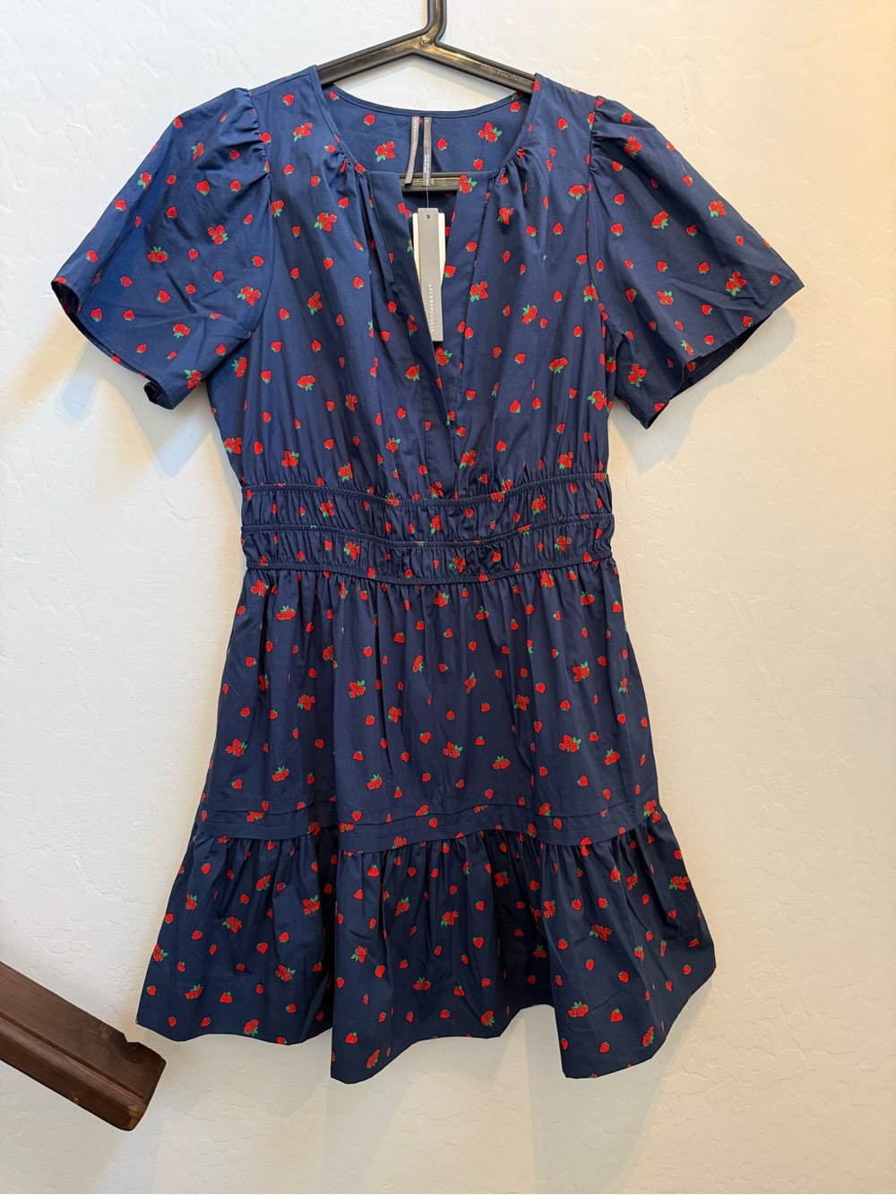 Anthropologie Navy Dress with Red Strawberry Print
